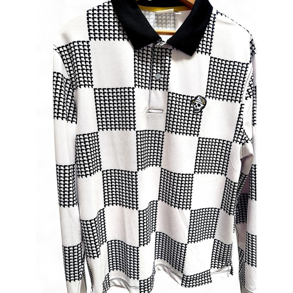 Devereux Golf Shirt Men's Small Skull Logo Long Sleeve Polo Black White Check - Picture 10 of 15